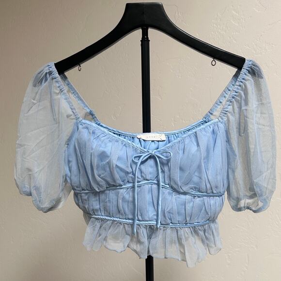Lush Tops - Fairy Milkmaid Mesh Babydoll Crop Top Puff Sleeve Romantic Blue Coquette S